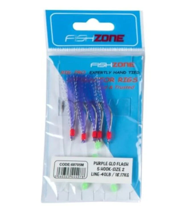 FISHZONE PURPLE GLO FLASH 5 HOOK-SIZE 2